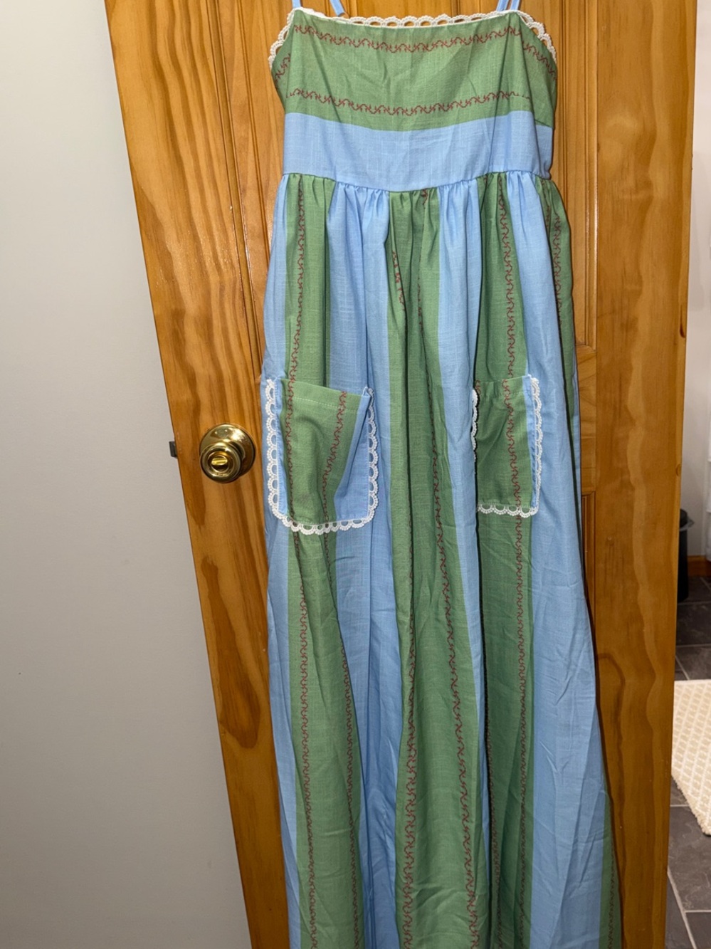 Summer Blue and Green Striped Maxi Dress with Lace Trim
